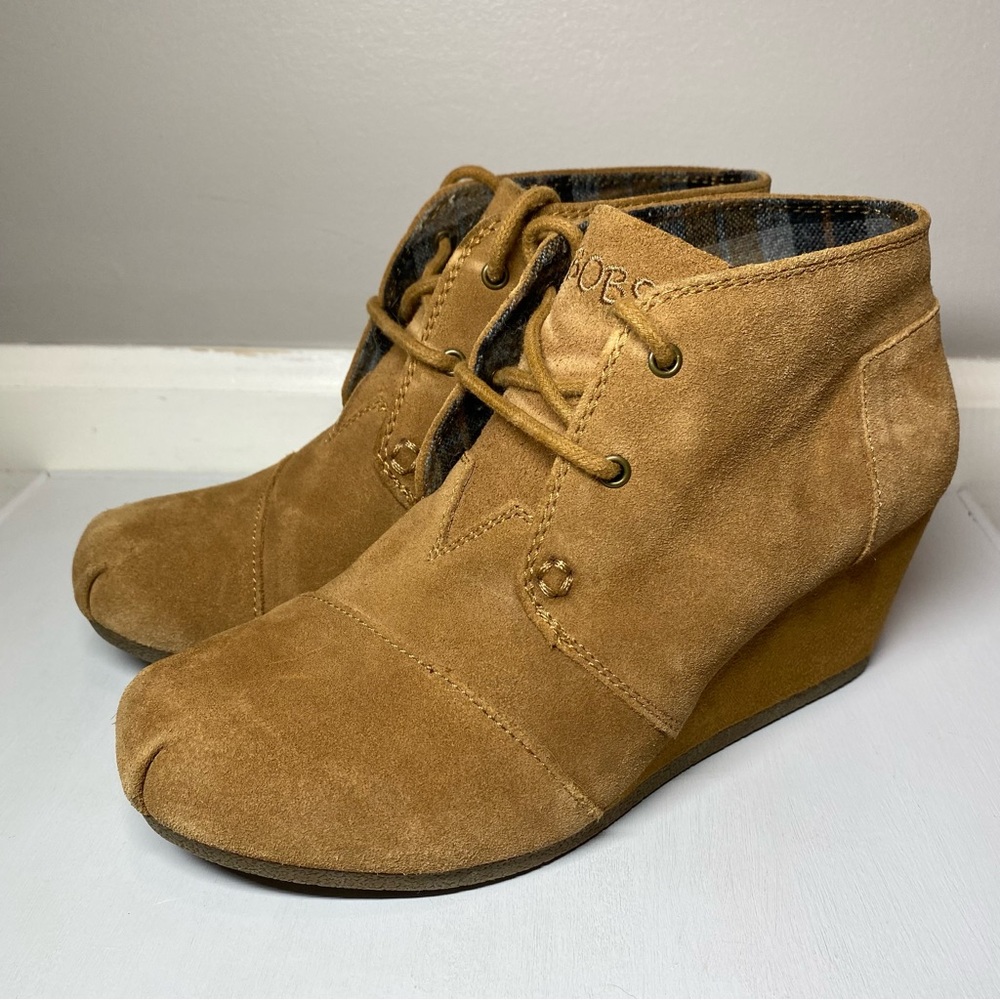BOBS by Skechers Memory Foam Ankle Boots Women’s 7 Tan Lace Up Wedge Heel Bootie - Picture 2 of 15